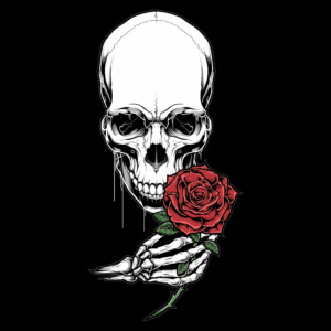 Skull,head,holding,a,rose,.vector,hand,drawing,shirt,designs,,biker,,disk